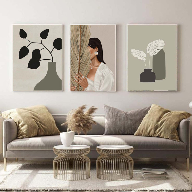 تابلو دکوراتیو مینیمال دختر و گلدان تم سبز مدرن