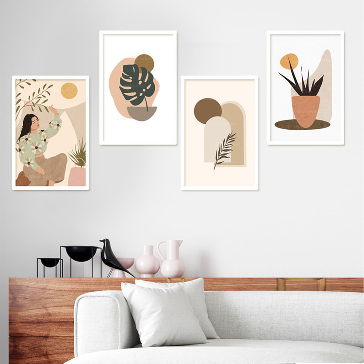 تابلو دکوراتیو منزل 4 تیکه طرح دختر و گل و برگ انجیری