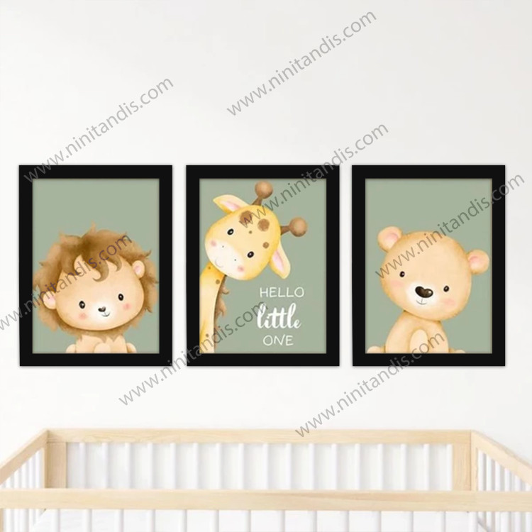 تابلو کودک و نوزاد مدل شیر و زرافه و خرس Hello little one مجموعه 3 عددی