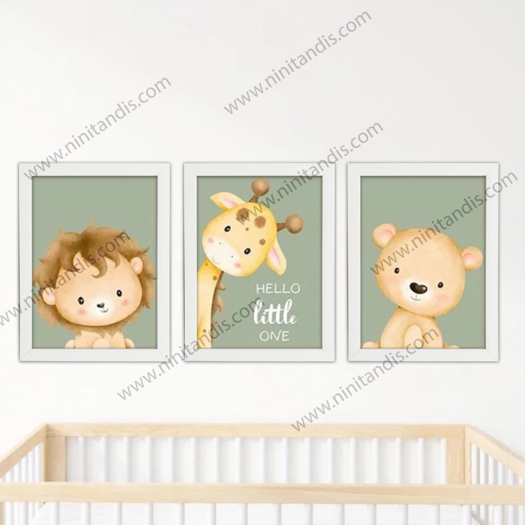 تابلو کودک و نوزاد مدل شیر و زرافه و خرس Hello little one مجموعه 3 عددی