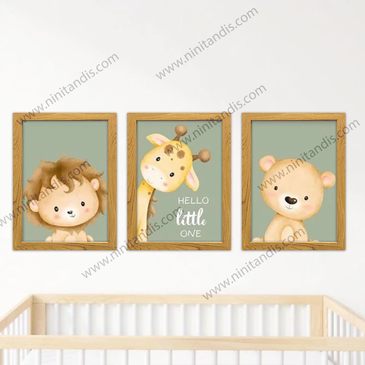 تابلو کودک و نوزاد مدل شیر و زرافه و خرس Hello little one مجموعه 3 عددی